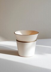 A white cup with a gold rim sits on a table