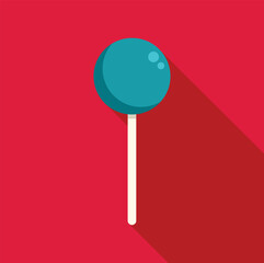 Simple round blue lollipop with white stick casting a long shadow on red background