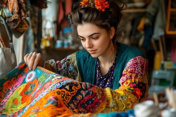 Yiddish embroidery artist stitching folk design