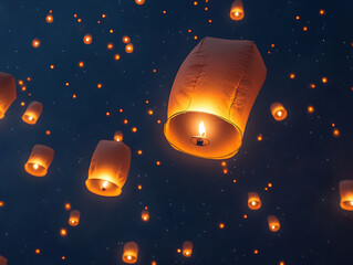 Yi Peng featival. Full of paper lanterns floating with lighting of candels over the sky