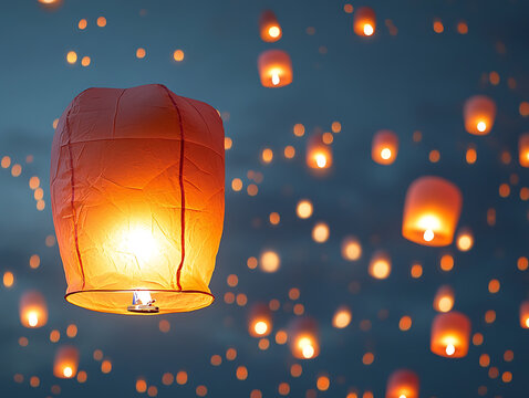 Yi Peng featival. Full of paper lanterns floating with lighting of candels over the sky