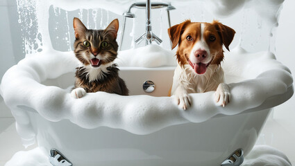 Cat and dog with shampoo foam on bath tub isolated on transparent background...