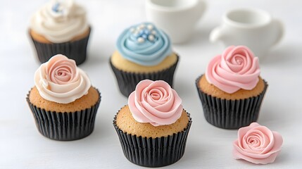 Elegant cupcake with rose shaped frosting in soft pastel colors set in a delicate creative culinary arrangement