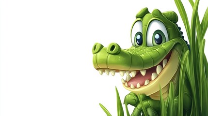 Cartoon Crocodile Peeking from Green Marsh Grass