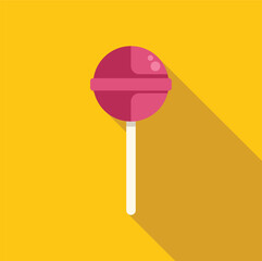 Sweet round pink lollipop with white stick casting a long shadow on a vibrant yellow background