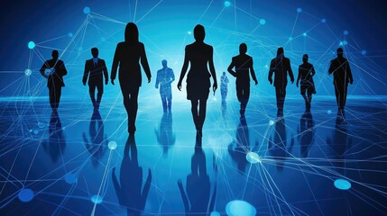 Silhouettes Connected by Glowing Dots in Blue Light