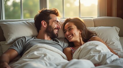Couple smiling at each other in bed, cozy blankets and pillows, warm and intimate atmosphere, modern bedroom, relaxed and joyful expressions, close connection, natural setting, soft neutral tones