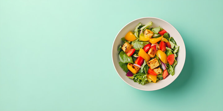 Fresh salad with a variety of colorful vegetables arranged beautifully in a white bowl on a pastel green background