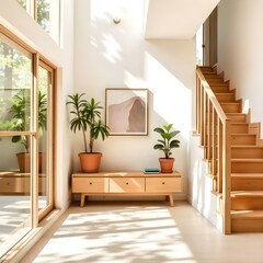 A bright and airy entryway with a wooden bench, potted plants, and a wooden staircase leading upstairs. The space features large windows that let in natural light, creating a warm and inviting atmosph