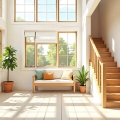A bright and airy entryway with a wooden bench, potted plants, and a wooden staircase leading upstairs. The space features large windows that let in natural light, creating a warm and inviting atmosph