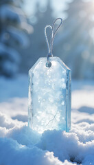 Frosted ice tag with snowflakes, winter scenery, decorative element in nature