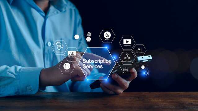 Subscription services and business model management concept, Businessman shifting to subscription models on smartphone, services for food, AI, streaming, social network, advertising, software, music