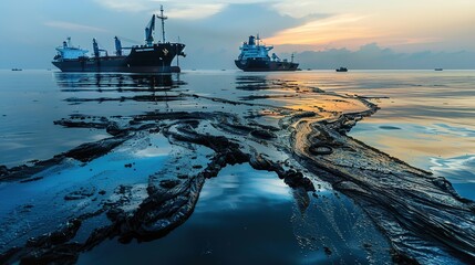 Obraz premium Industrial Waterfront Scene with Tar-Stained Harbor and Oil Slicks - Ships Departing Under a Gradient Sky