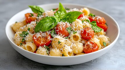 Vibrant and Appetizing Italian Pasta Dish Featuring Fresh Basil Ripe Tomatoes and Shredded Parmesan Cheese on a Colorful Presentation