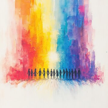 Unity in Color: Artistic Depiction of Human Figures Holding Hands Against a Watercolor Splash Backdrop