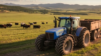 Obraz premium Farmer driving tractor carrying hay bales in field with cows grazing
