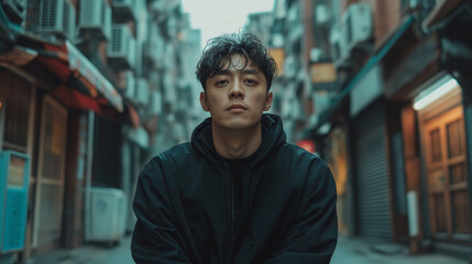Urban Cool: A young Asian man in a dark hoodie stares intently into the camera, framed by a moody, atmospheric city alleyway.  The image exudes an air of quiet confidence and urban style. 