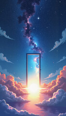 Open door revealing a cosmic scene with clouds and stars in a dreamy landscape