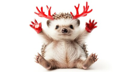 Fototapeta premium Joyful Hedgehog with Red Antlers and Hands
