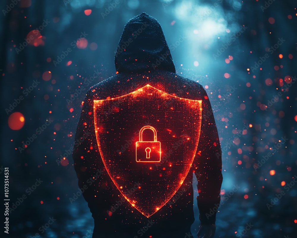 Poster a man in a black hoodie with a red shield and padlock icon on a dark blue background, symbolizing cy