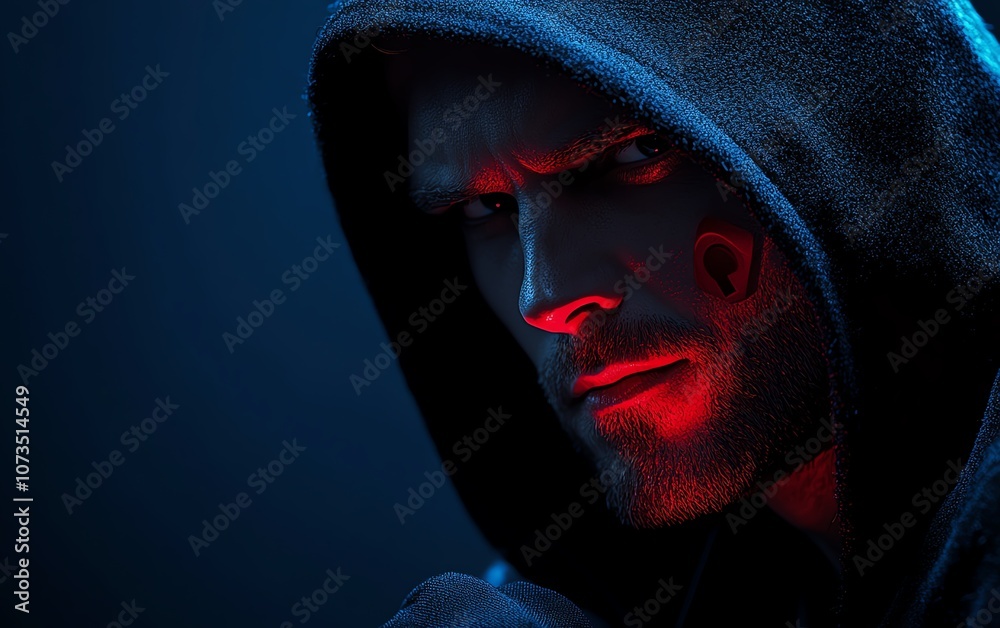 Poster a man in a black hoodie with a red shield and padlock icon on a dark blue background, symbolizing cy