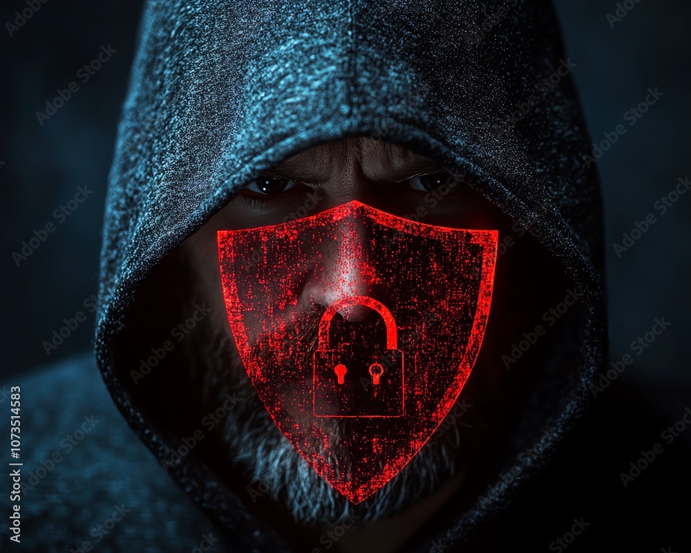 Poster a man in a black hoodie with a red shield and padlock icon on a dark blue background, symbolizing cy
