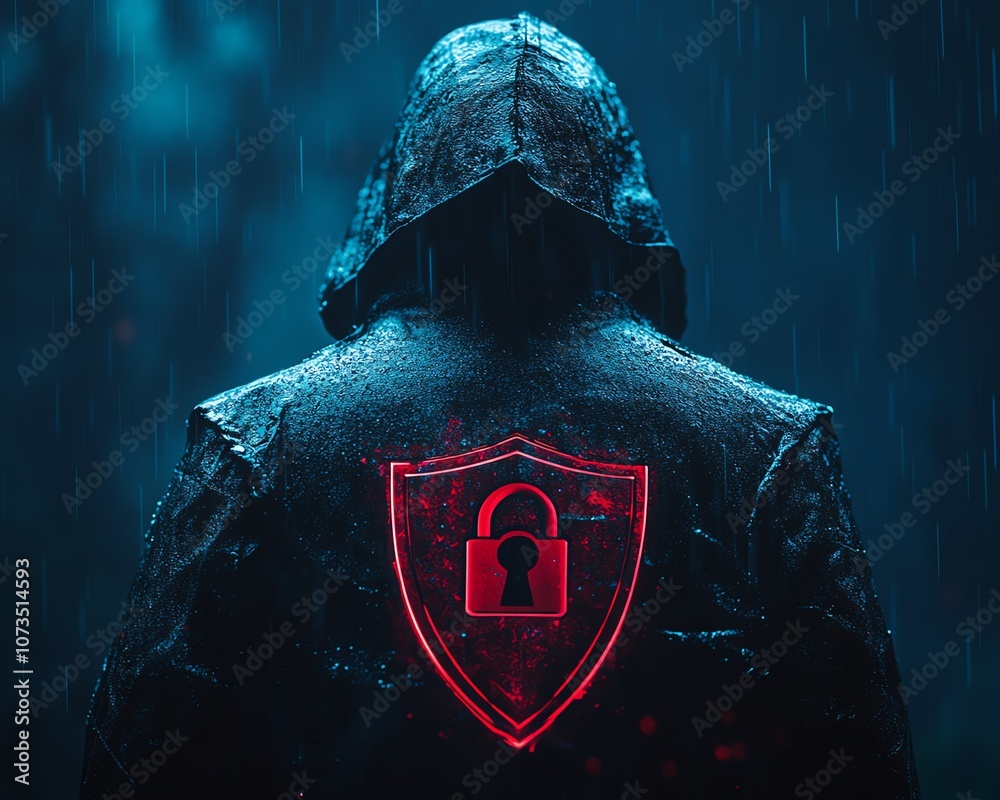 Poster a man in a black hoodie with a red shield and padlock icon on a dark blue background, symbolizing cy