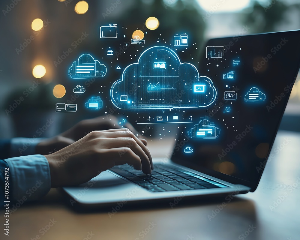 Aufkleber A person interacting with a laptop surrounded by cloud storage icons and datafilled file wraps, showing cloud accessibility for businesses on tablets and computers, Generative AI