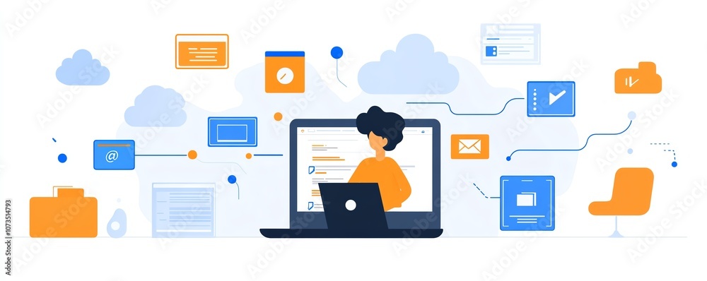 Poster A person using a laptop with cloud storage icons and multiple file wraps around the screen, showing data in clouds accessible to tablets and computers for business, Generative AI
