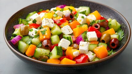 Mouth watering Greek salad composed of crumbled feta cheese crisp cucumber slices and plump olives showcasing the bright and fresh flavors of Mediterranean cuisine