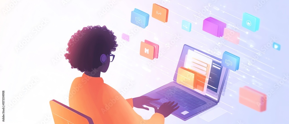 Poster A person working on a laptop with cloud storage icons and file wraps, illustrating how businesses can access and share data across devices in the cloud, Generative AI