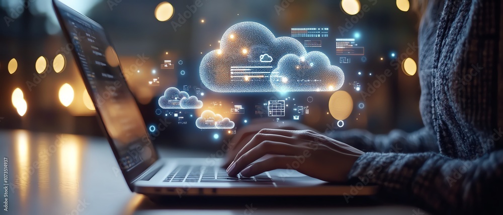 Poster A person working on a laptop with cloud storage icons and file wraps, illustrating how businesses can access and share data across devices in the cloud, Generative AI