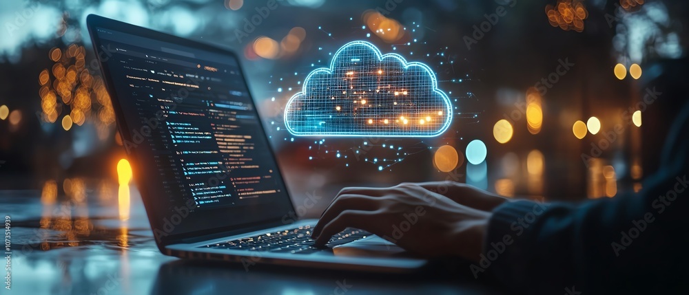 Poster A person working on a laptop with cloud storage icons and file wraps, illustrating how businesses can access and share data across devices in the cloud, Generative AI