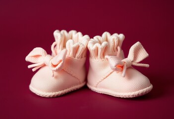Pink Baby Booties with Bow on Red Background Newborn Footwear Infant Shoes