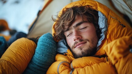 The climber sleeps in a sleeping bag in a tent. Rest at the base camp before climbing to the top of the mountain. Mountaineering, climbing, alpinism, mountain tourism concept.