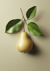 A pear is sitting on a leaf