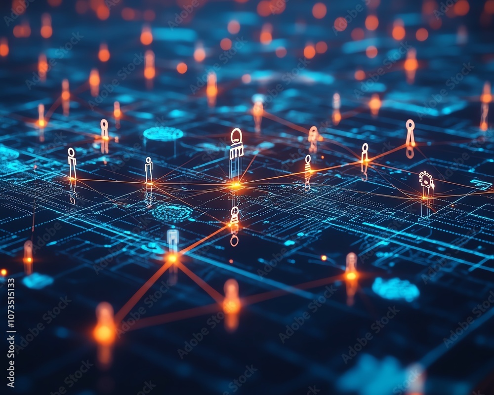 Poster abstract digital connection network with people icons on a blue background, symbolizing technology, 