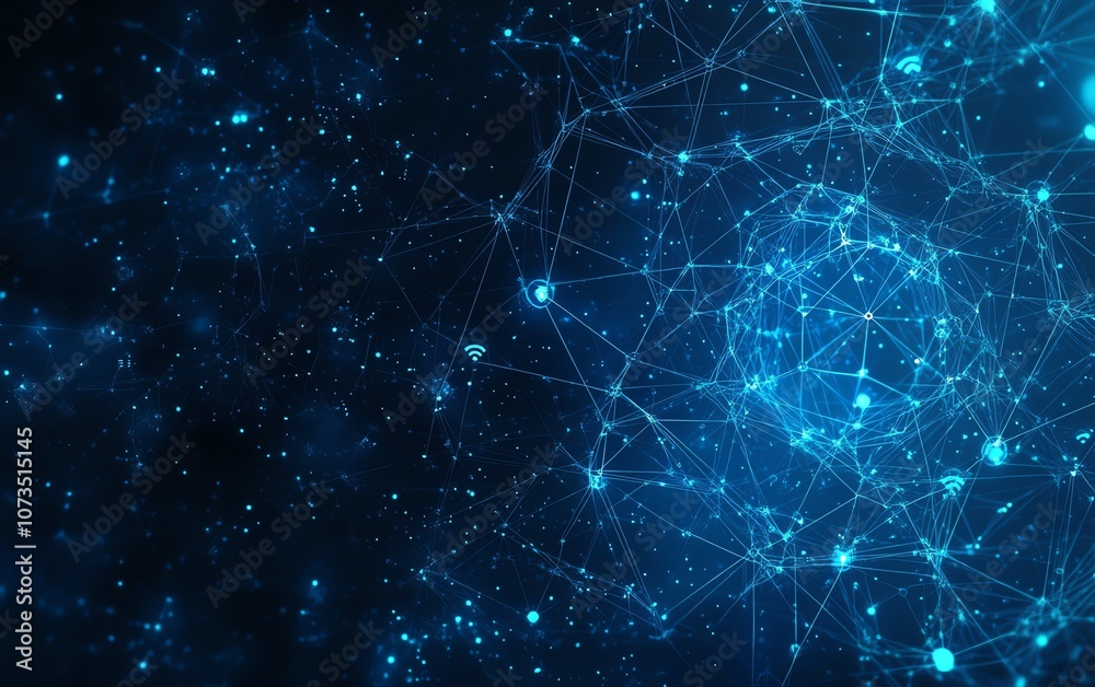 Poster Abstract digital network with interconnected people icons on a blue background, conveying the concept of technology and social mediadriven global communication, Generative AI