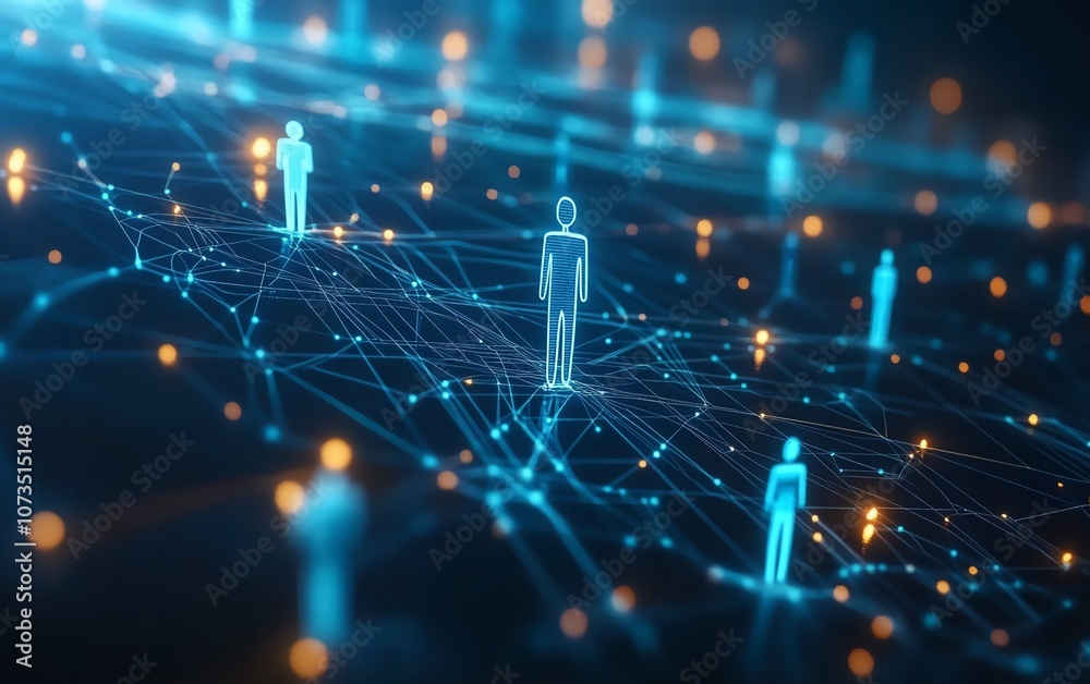 Poster Abstract digital network with interconnected people icons on a blue background, conveying the concept of technology and social mediadriven global communication, Generative AI