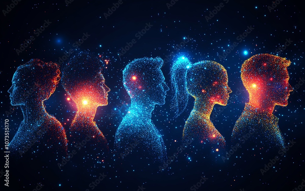 Aufkleber Abstract digital network with interconnected people icons on a blue background, conveying the concept of technology and social mediadriven global communication, Generative AI