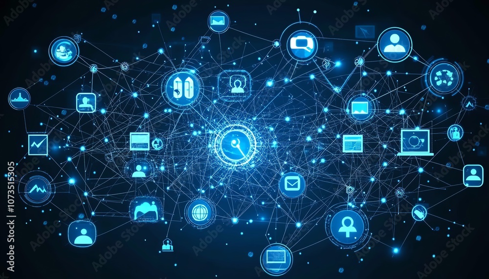 Leinwandbilder blue digital network with interlinked people icons, creating an abstract representation of technolog