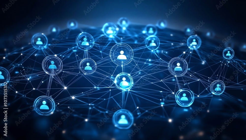 Leinwandbilder blue digital network with interlinked people icons, creating an abstract representation of technolog