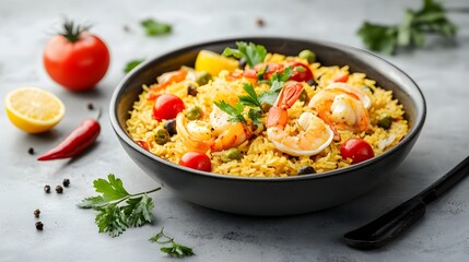 Vibrant and Traditional Spanish Paella with Savory Seafood and Saffron Rice Dish Freshly Prepared Mediterranean Cuisine in a Closeup Overhead View