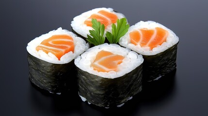 Hosomaki with salmon. Tasty salmon sushi rolls on a dark table.