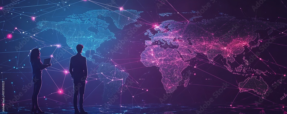Aufkleber business professionals standing before a world map, connected by digital lines representing internat