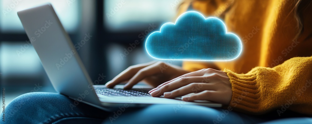 Poster Closeup of a person using a laptop, with cloud storage and data files displayed, showing cloudbased business solutions across devices, Generative AI