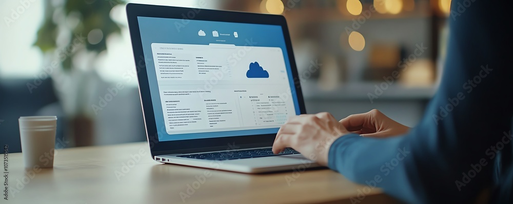 Poster Closeup of a person using a laptop, with cloud storage and data files displayed, showing cloudbased business solutions across devices, Generative AI