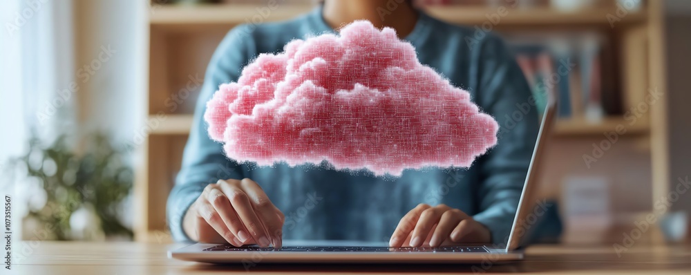 Poster Closeup of a person using a laptop, with cloud storage and data files displayed, showing cloudbased business solutions across devices, Generative AI