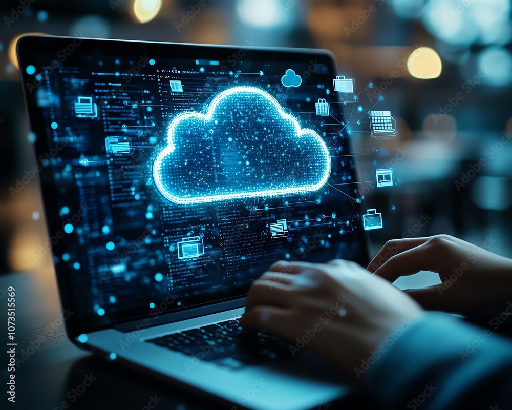 Poster Closeup of a person working on a laptop with cloud storage icons and file wraps surrounding the screen, symbolizing cloud access for businesses across devices, Generative AI