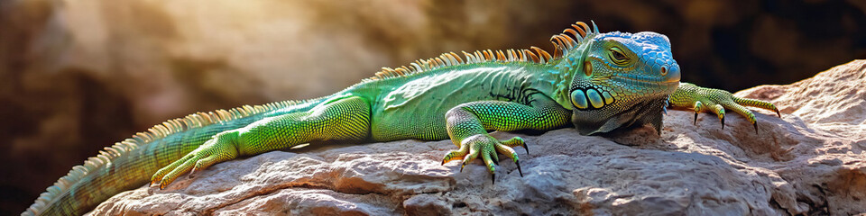 Fototapeta premium Reptile Relaxation: A green iguana basks in sunlight, sprawled across a warm rock.